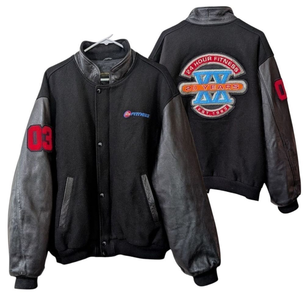 Vtg Golden Bear 24 Hour Fitness Wool Melton Varsity Baseball Jacket Men XL Black